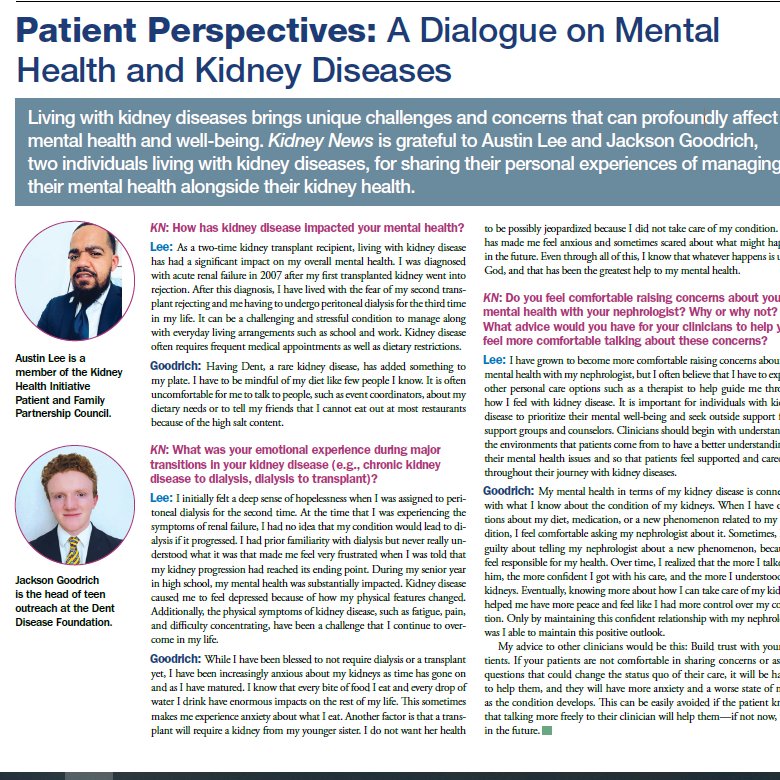 May 2024 @KidneyNews Patient Perspective on Mental Health and Kidney Disease @ASNKidney kidneynews.org/view/journals/…