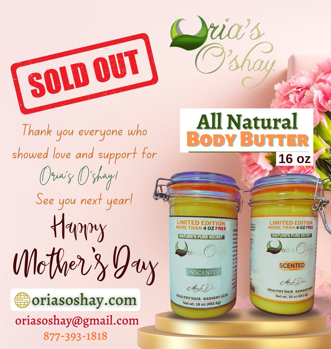 💞SOLD OUT💞

'Thank you everyone who showed love and support for Oria's O'shay!
See you next year! Happy Mother's Day!' ❤️

Visit our Website: oriasoshay.com
Contact us @: #877-393-1818

#salesalesale #mothersday #motherslove