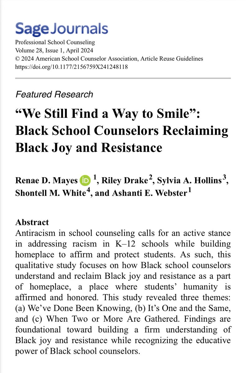This was such a joy to write w/ my amazing co-authors. Glad to talk about #BlackJoy & #resistence in school counseling as a way of centering the expertise of Black school counselors. Link in the comments and happy to send to anyone! #AntiracistSC #SCChat
doi.org/10.1177/215675…