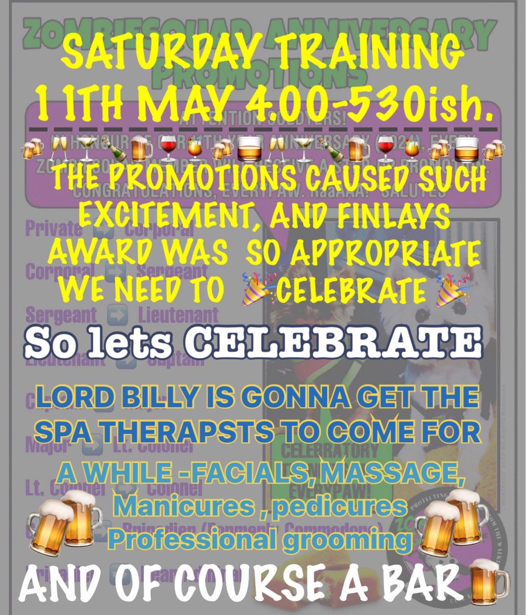 🐶 Party with Bazz on Saturday to celebrate everyone’s promotions, RaaAAA! 🍺 #ZSHQ