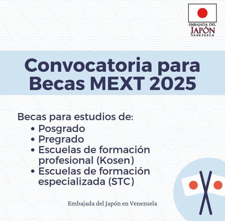 📢¿Sabías que la Embajada del Japón en Venezuela abrió la convocatoria al proceso de selección para las Becas MEXT 2⃣0⃣2⃣5⃣? ✅Si quieres optar por una de ellas, ingresa al siguiente enlace⬇️: ve.emb-japan.go.jp/itpr_es/06_bec… 🇯🇵🇻🇪 #BecasMEXT #Japón #CLAD #becas