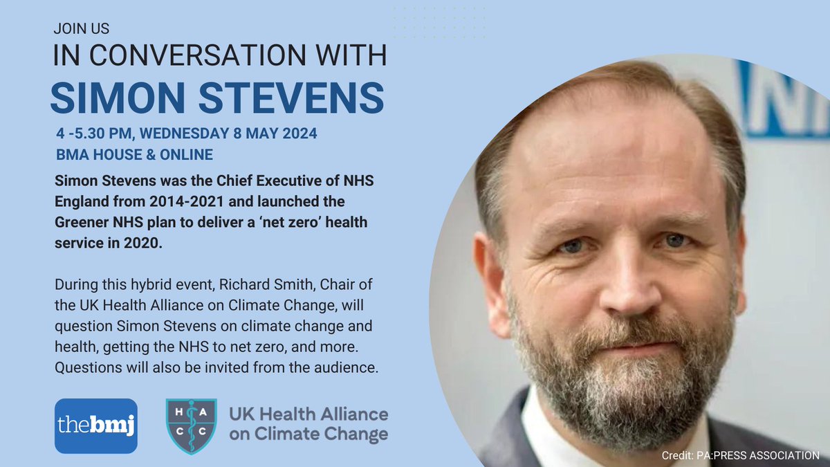 📣 One day left until the @bmj_latest and @UKHealthClimate event 'In Conversation with Simon Stevens' Simon Stevens will answer questions on #climatechange and health, getting the NHS to net zero, and more. You can register for tomorrow's event here 👇 eventsforce.net/bmj/frontend/r…
