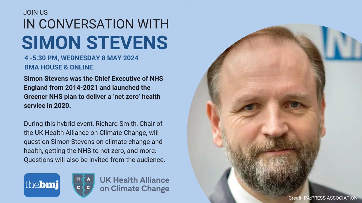 The BMJ (@bmj_latest) on Twitter photo 📣 One day left until the <a href="/bmj_latest/">The BMJ</a> and <a href="/UKHealthClimate/">UK Health Alliance on Climate Change</a> event "In Conversation with Simon Stevens"
Simon Stevens will answer questions on #climatechange and health, getting the NHS to net zero, and more.
You can register for tomorrow's event here 👇
eventsforce.net/bmj/frontend/r… 📣 One day left until the <a href="/bmj_latest/">The BMJ</a> and <a href="/UKHealthClimate/">UK Health Alliance on Climate Change</a> event "In Conversation with Simon Stevens"
Simon Stevens will answer questions on #climatechange and health, getting the NHS to net zero, and more.
You can register for tomorrow's event here 👇
eventsforce.net/bmj/frontend/r…