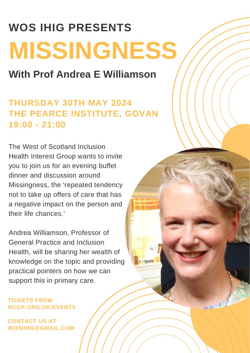 Excited to share WoS IHIG have announced their first CPD evening of 2024: 'Missingness' with the fantastic Prof Andrea E Williamson. 🗓️ Thursday 30th May, 7-9pm ℹ️ Full details on poster 🎟️ Tickets here: rcgp.my.site.com/s/lt-event?id=… Find out more about WoS IHIG in below 🧵 1/6
