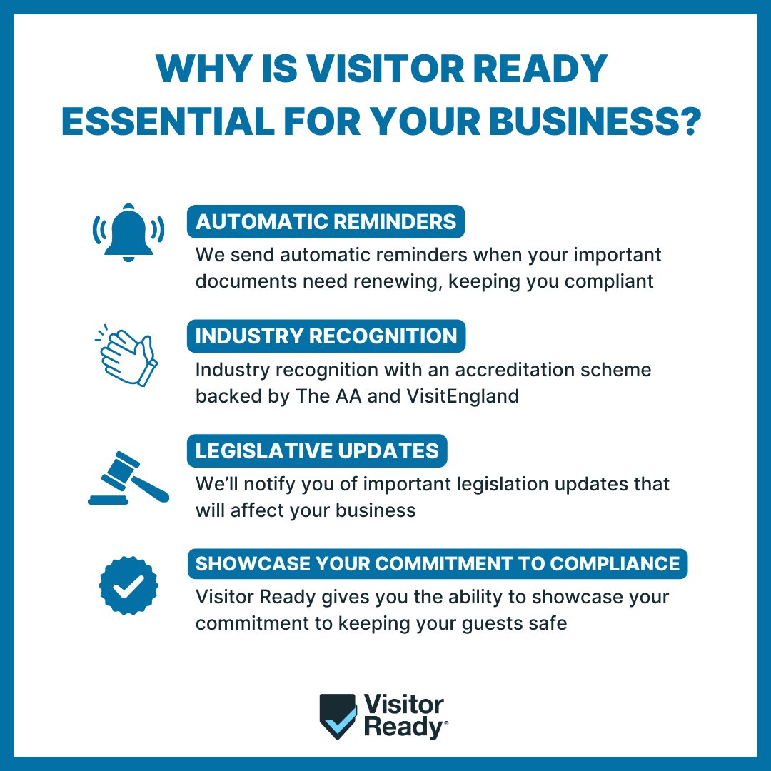 Showcase your commitment to customer safety. Join the Visitor Ready Scheme for free today > tinyurl.com/39zubnbc #ConfidenceWithAccreditation #VisitWithConfidence #Accreditation #Compliance #VisitorReady #Hospitality