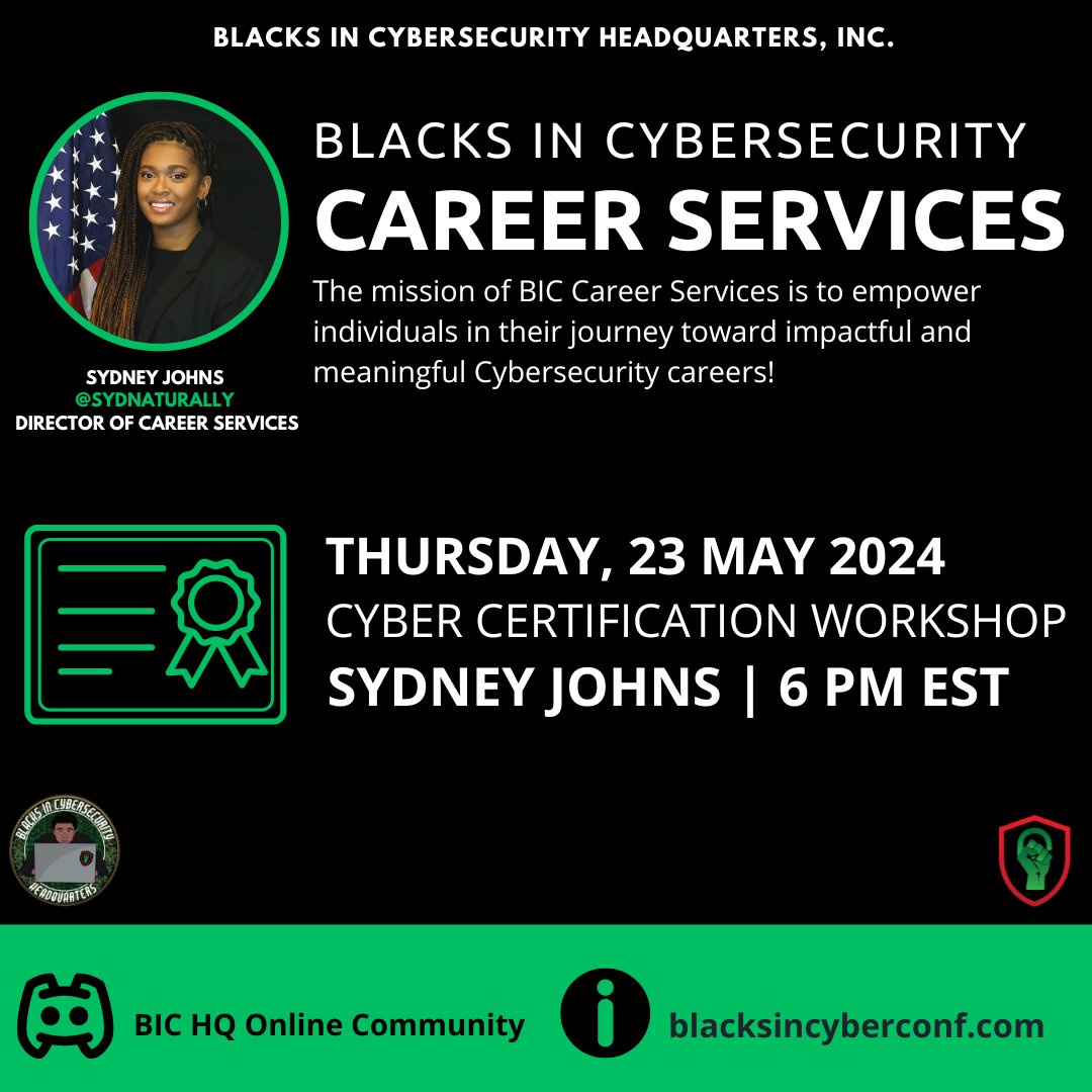 💼 Join in for a series of BIC Career Services events! 

💻️ We're here to help you take the next step in your career journey! 

Join here: blacksincyberconf.com/online-communi… 

#CareerServices #BIC_CareerServices #BIC_Jobs #BlacksInCyber #LitLikeBIC