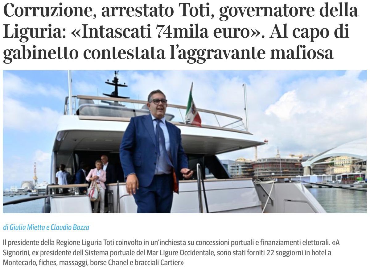 L' arresto di Giovanni #Toti conferma intreccio tra politica e affarismo. #Liguria @direzioneprc @maurizioacerbo