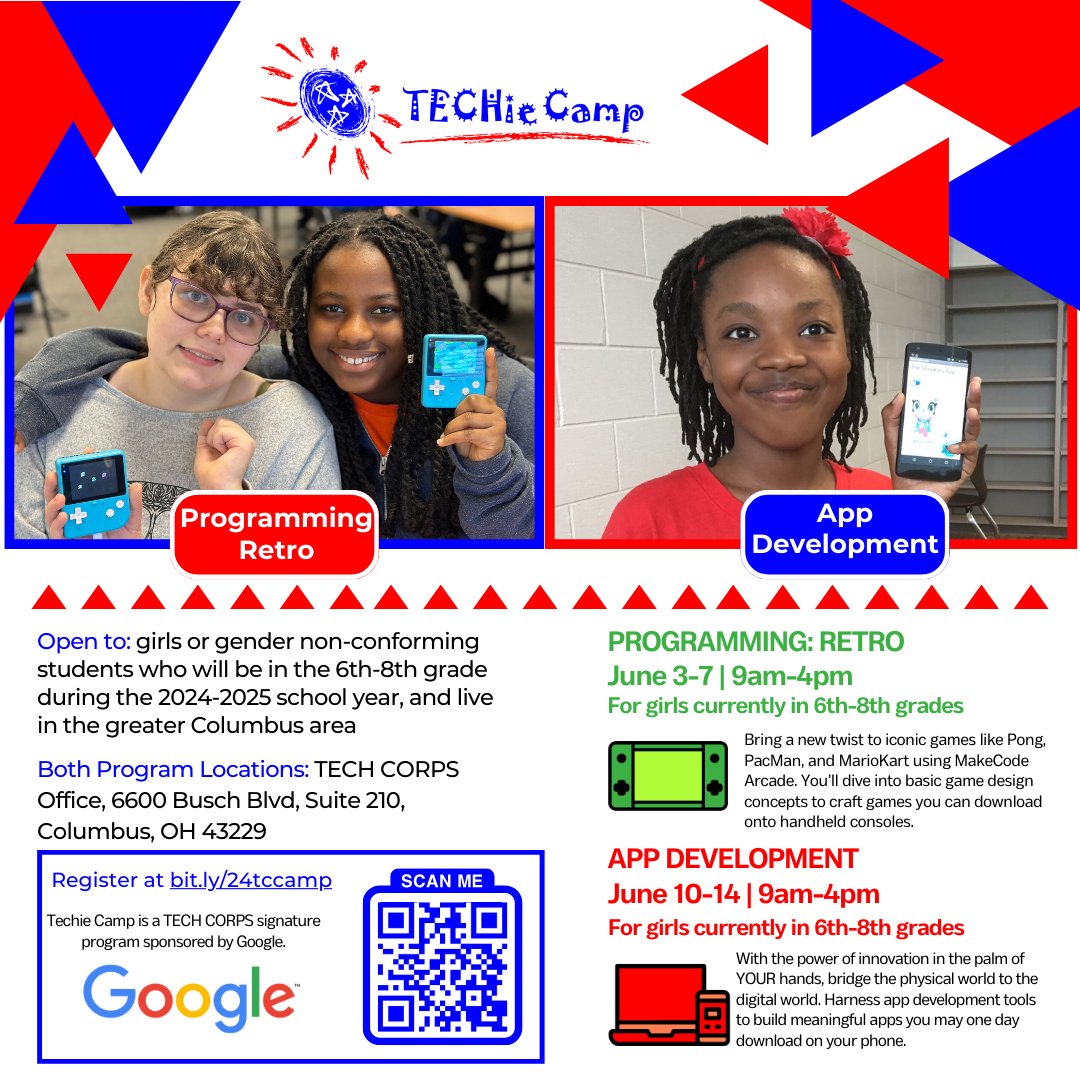 Dive into hands-on tech activities! Embrace STEM's creative side! #Free for 6th-8th grade girls in the greater Columbus area. Techie Camps are held @techcorpsUS June 3-7 and June 10-14 from 9am-4pm. Register now: bit.ly/24tccamp Techie Camp is sponsored by @Google.