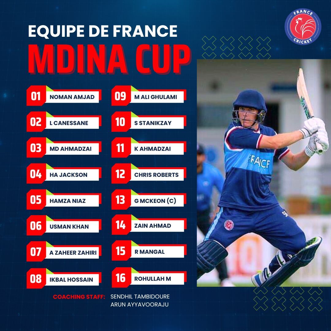 Voici notre équipe pour la prochaine Coupe Mdina. Nous souhaitons à notre équipe tout le meilleur. 🙌 #FranceCricket