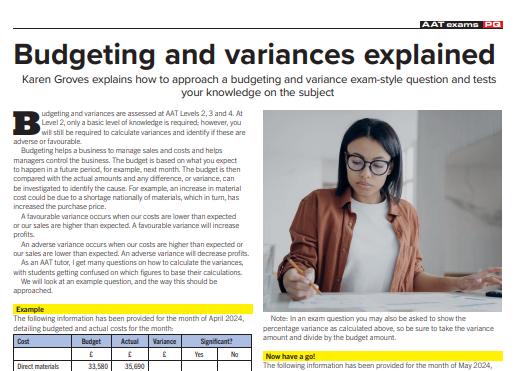 Award-winning tutor, Karen Groves, explains how to approach a budgeting and variance exam-style question in the latest edition of PQ magazine. Check it out at: issuu.com/pqpublishing/d…. @YourAAT @AATNews