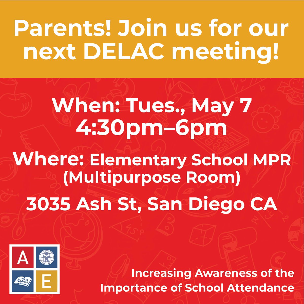 📣 Join us for the DELAC meeting on May 7th and be part of the conversation shaping your child's education.

Your involvement and input are invaluable to us! RSVP now: aeacs.org/delac

#DELACMeeting #ParentInvolvement #AlbertEinsteinAcademY