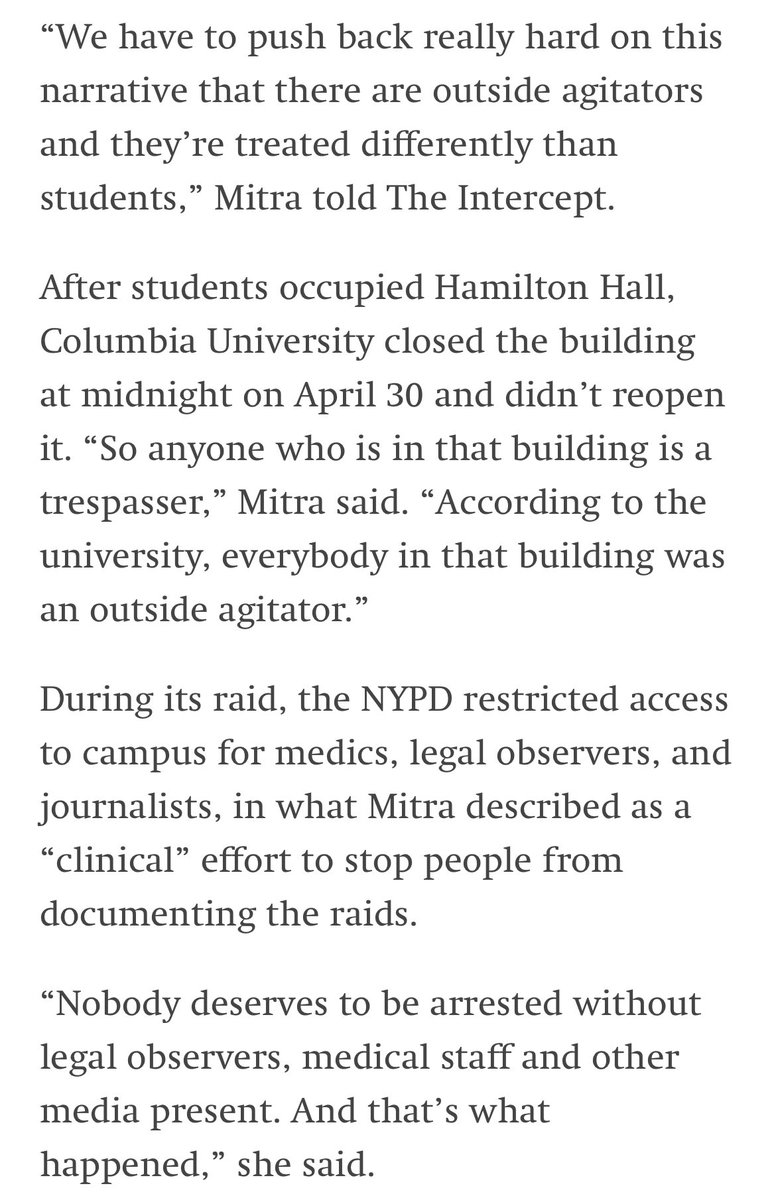 Here’s what a Barnard professor told me about the police crackdown on campus protests last week: Columbia admin deemed everyone in Hamilton Hall an “outside agitator” and police were “clinical” in making sure no one was there to document their raids theintercept.com/2024/05/06/col…