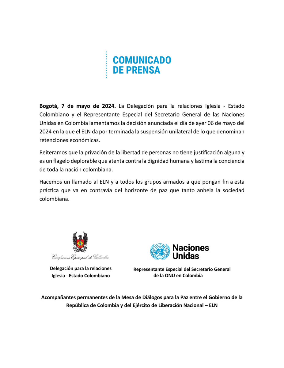 🔵#ComunicadoDePrensa conjunto de los acompañantes permanentes de la Mesa de Diálogos de Paz entre el Gobierno de Colombia y el ELN @episcopadocol @CGRuizMassieu. 👉 bit.ly/3WvsllR