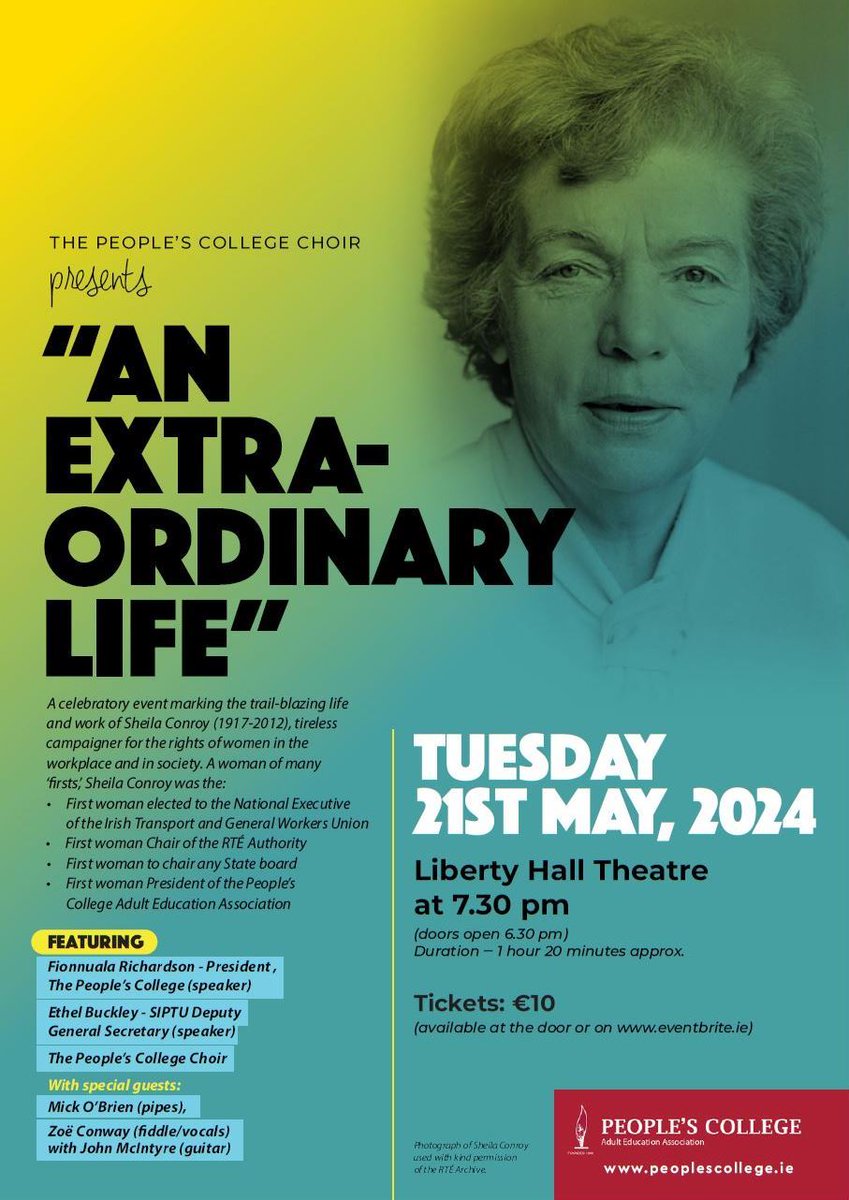 Celebrating an 'extra-ordinary life'. Sheila Conroy union activist and campaigner for women’s rights in the workplace and society, concert and tributes happening on May 21st in Liberty Hall. ictu.ie/events/2024-05…
