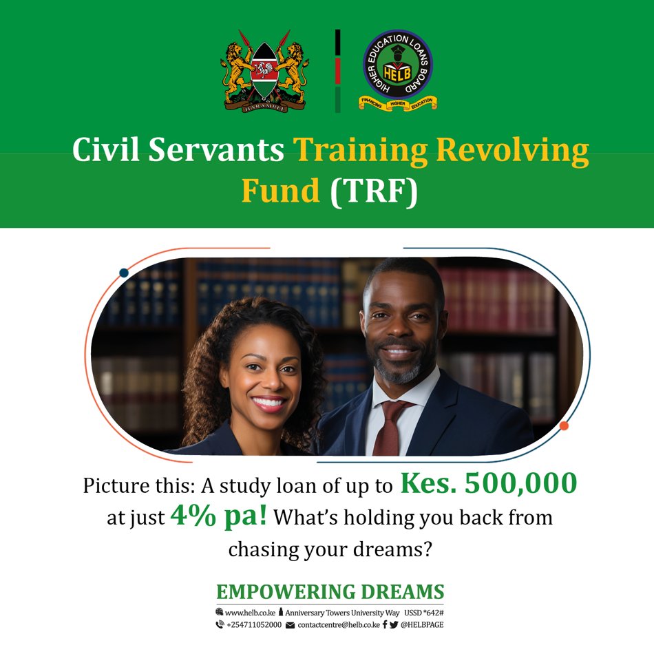 To apply for the Civil Servants Training Revolving Fund (TRF), you must be a Civil Servant in the Ministries, County Government, or National Police Service. For further details and application, visit bit.ly/4aHttXS.