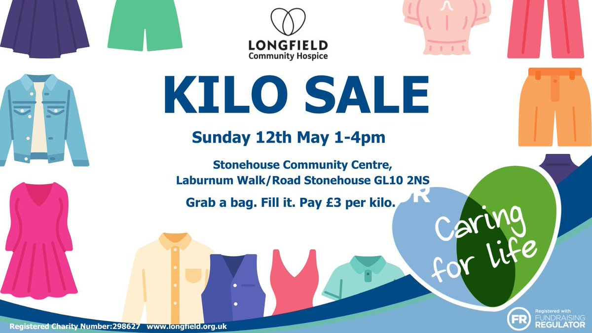 Our retail team are busy getting ready for our kilo sale at Stonehouse Community Centre on 12th May from 1-4pm.If you love all things preloved then its worth a visit! Its only £3 per kilo, you just grab a bag, pick and mix! #event #retail #preloved #charity #fashion #kilosale