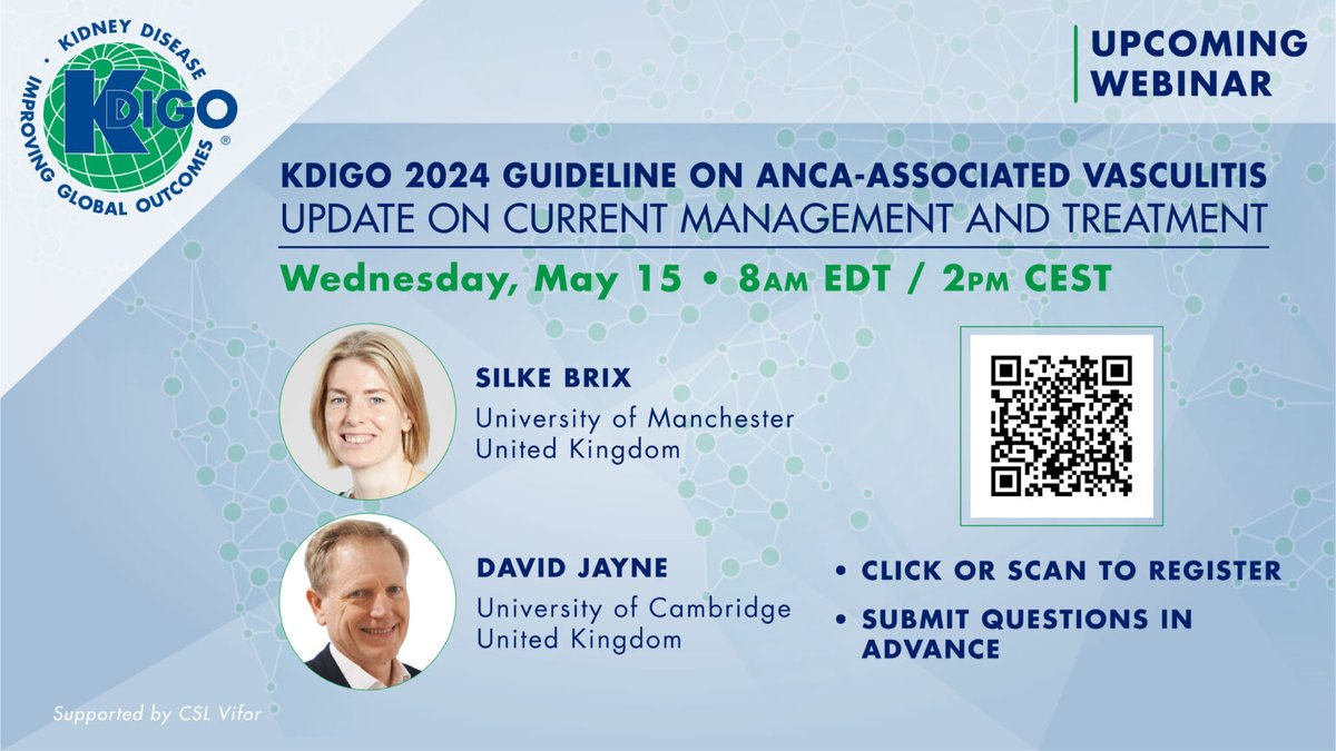 With new therapeutic agents for #AAV, how to determine the optimal approach for your vasculitis patients? Learn the highlights of the updated @goKDIGO guideline from Silke Brix and David Jayne on May 15 kdigo.org/events/kdigo-2…