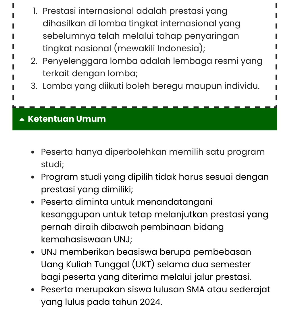 Universitas Negeri Jakarta -PENMABA
penmaba.unj.ac.id

UNJ punya 6 jalur masuk: 
1. Nilai UTBK
2. Rapor 
3. Prestasi Lomba 
4. Prestasi Non-Lomba
5. Disabilitas
6. Ujian Tulis

Biaya: Rp350.000
Persyaratan dibawah dan tanggal pendaftaran: