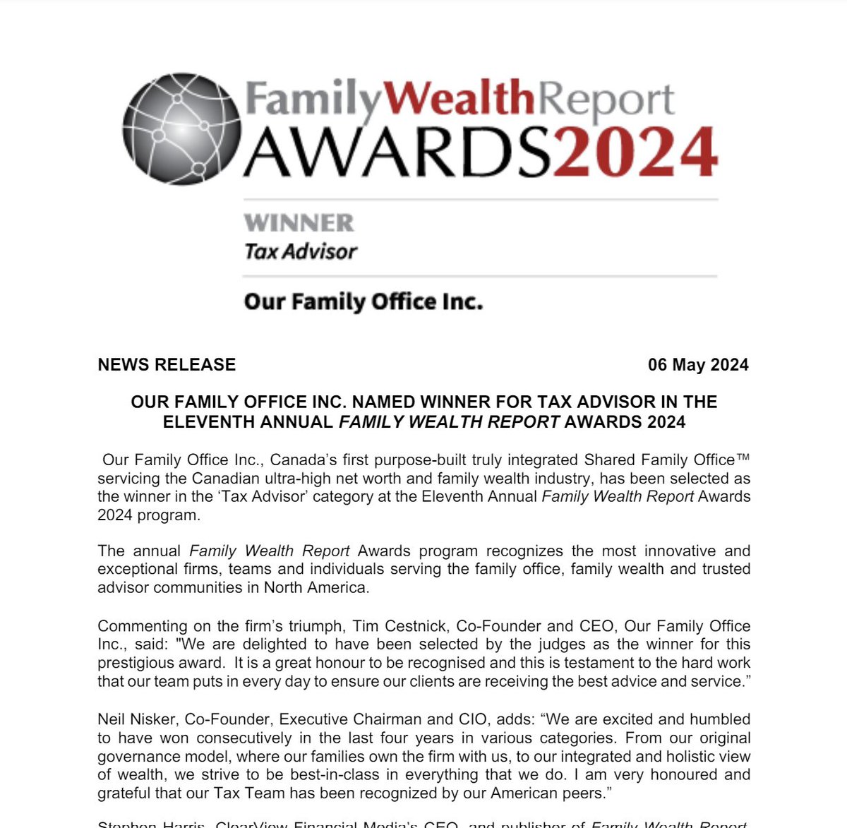 What an honour. We are so proud to have been selected as the winner at the 11th Annual Family Wealth Report Awards 2024 Gala in the category: BEST TAX ADVISOR IN NORTH AMERICA. bit.ly/4brkzxl #taxadvisor #familyofficeservices #northamerica #FWRAwards #ourfamilyoffice