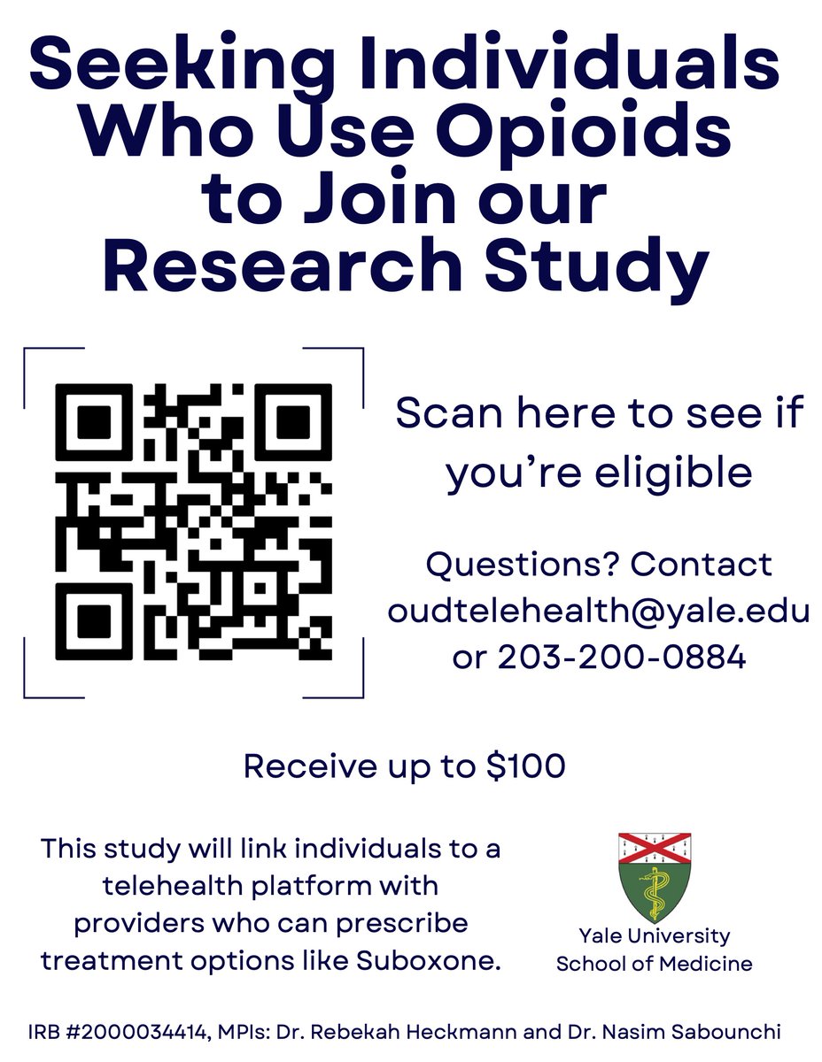 🚨New Study! We're enrolling participants in the pilot phase of an OUD Telehealth Study at @YaleMed @Yale_EM, led by Drs Rebekah Heckmann & @nasimsabounchi If you or someone you know uses opioids you may be eligible to connect w recovery coaches & providers via telehealth 1/3