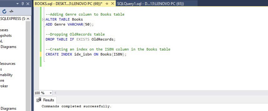 SQL assignment done! Tables for Books, Members, Borrowing Records set with foreign keys. Added Genre to Books, dropped 'OldRecords' table. Indexed ISBN for faster searches. #SQLAssignment #LibraryDatabase #TDI @TDataInitiative @DabereNnamani @The_Jonathaan @SQLServer