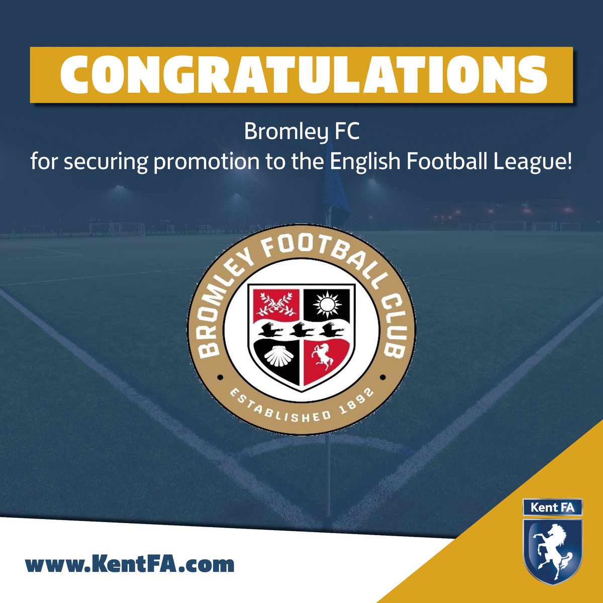 Everyone at Kent FA would like to say a big congratulations to @BromleyFC for securing promotion to the English Football League! We are so proud of you👏 #ProudCFA #KentFootball #BromleyFC