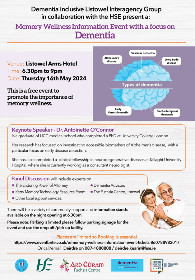 A Memory Wellness & Dementia Awareness information evening is being held in Listowel on 16th May 6.30-9.00pm. Dementia Inclusive Listowel Interagency Group in collaboration with the HSE are organising this free event for the public. All are welcome #understandtogether