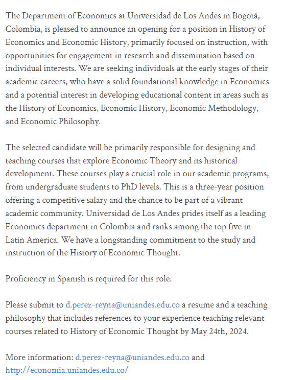 We are hiring! for a position in History of Economics and Economic History, primarily focused on instruction, with opportunities for engagement in research and dissemination based on individual interests. Application deadline: May 24, 2024 More info👇👉 bit.ly/4a87cRU