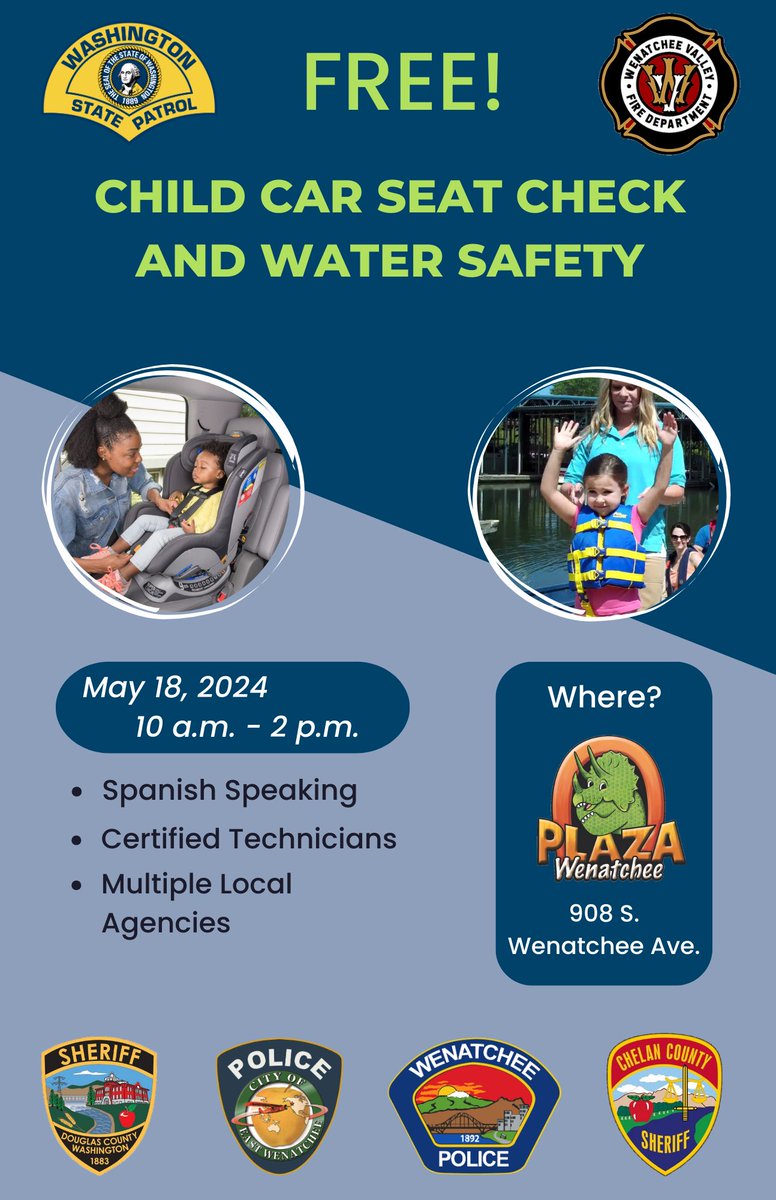 Free! Child car seat and water safety clinic. Stop by and make sure your car seat is installed correctly. We will have certified child car seat installers. Se habla Español.