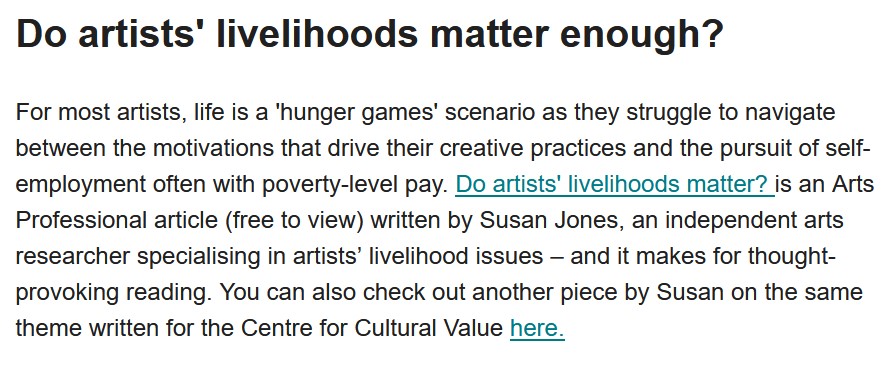 Good to have support from @cvanetwork through mention in today's circulation of my recent texts for @ArtsPro and @valuingculture #artists #artistslivelihoods #artspolicy #artsindustry matters. DM me to support my new body of research by booking a briefing/presentation/seminar