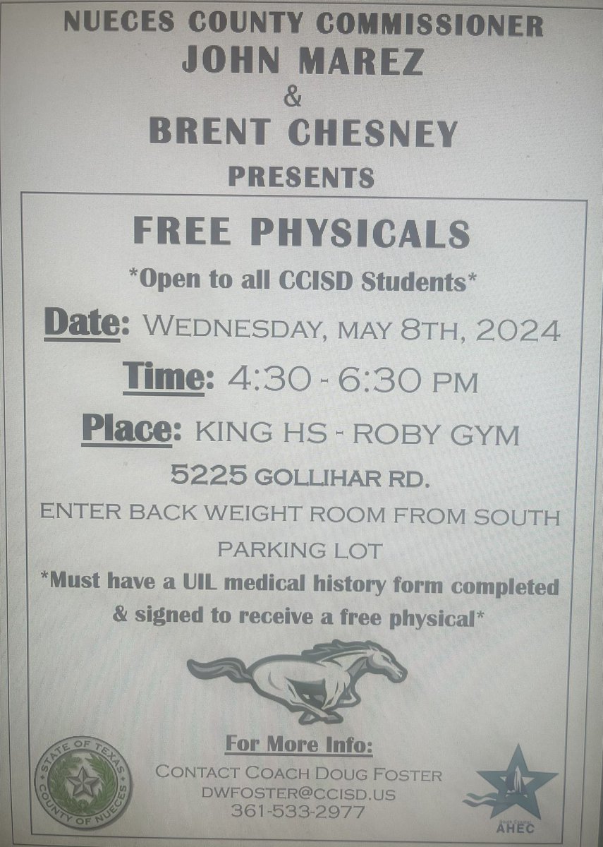 Attention, parents and guardians. an opportunity for a free physical this week,physicals will be held at King May 8, 2024 from 4:30 PM to 6:30 p.m. The lines do get long, so please have your paperwork;medical history filled out and get there ASAP lines get long.