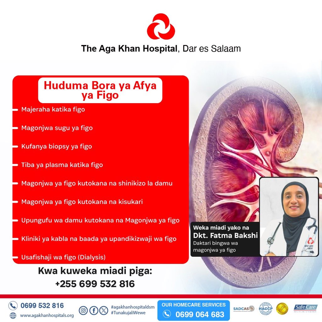 Enhance your renal health with our advanced kidney care. Book appointment today with Dr. Fatma Bakshi, Nephrologist via 0699 532 816. #agakhanhospitaldsm #urology #kidney #urologist #kidneydisease #kidneystones #kidneyhealth #kidneyfailure #kidneytransplant #tanzania