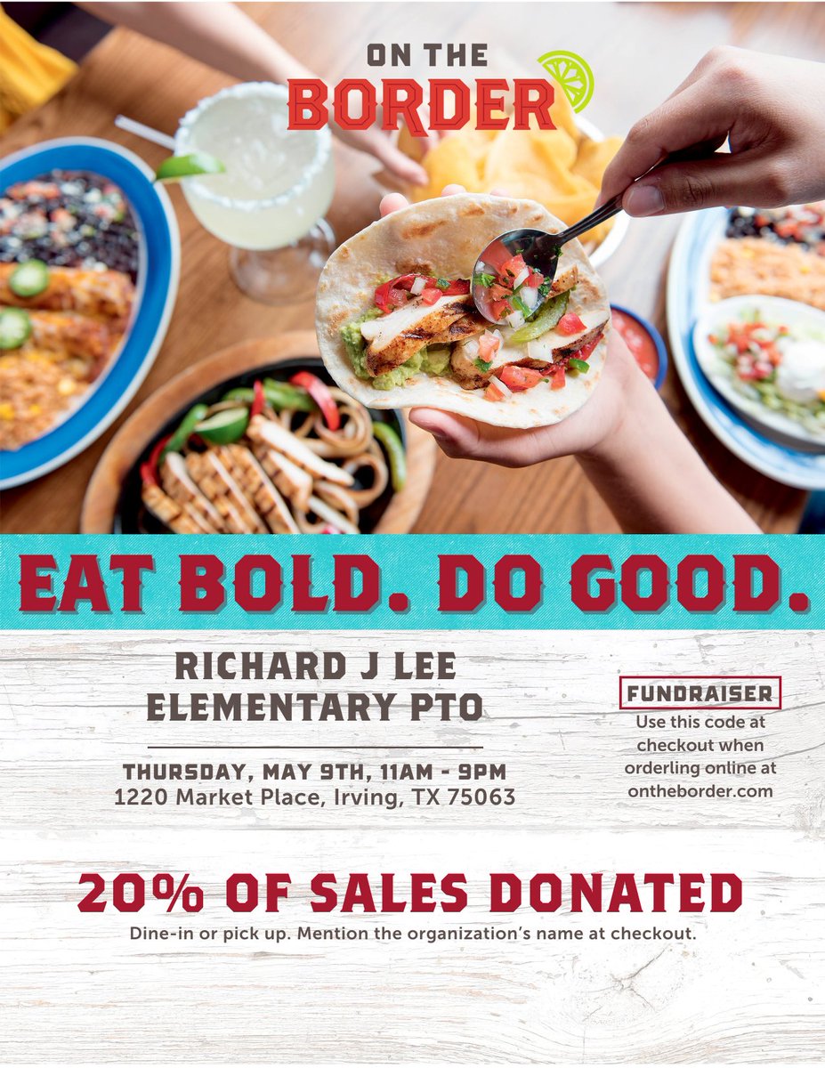 🌮🎉Mark your calendars for a flavor-filled fiesta at @ontheborder this Thursday, May 9th from 11-9! Join us for our last @NetZeroLee PTO spirit meal of the year, where each bite supports a great cause! Mention our fundraiser when dining in or use the code FUNDRAISER online!