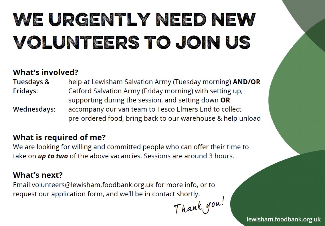 Lewisham Foodbank Needs You!  Can you help? 

"Volunteering at Lewisham Foodbank has allowed me to give back to the community in a really meaningful way. The team have been really fun to work alongside and I’d recommend anyone with some spare time to get involved”.