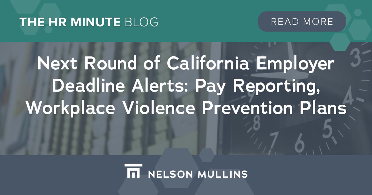 Attention California Employers! Upcoming Compliance Deadlines: May 8, 2024: Pay Data Reporting July 1, 2024: Workplace Violence Prevention Stay compliant, consult with partners Michelle W. Johnson and Peter John Veysey and other Nelson Mullins attorneys: bit.ly/4a8dsJo