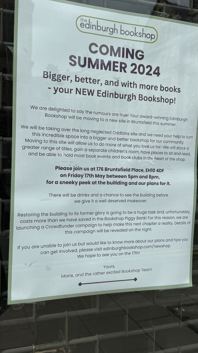 Really looking forward to @EdinBookshop moving to Bruntsfield Place.