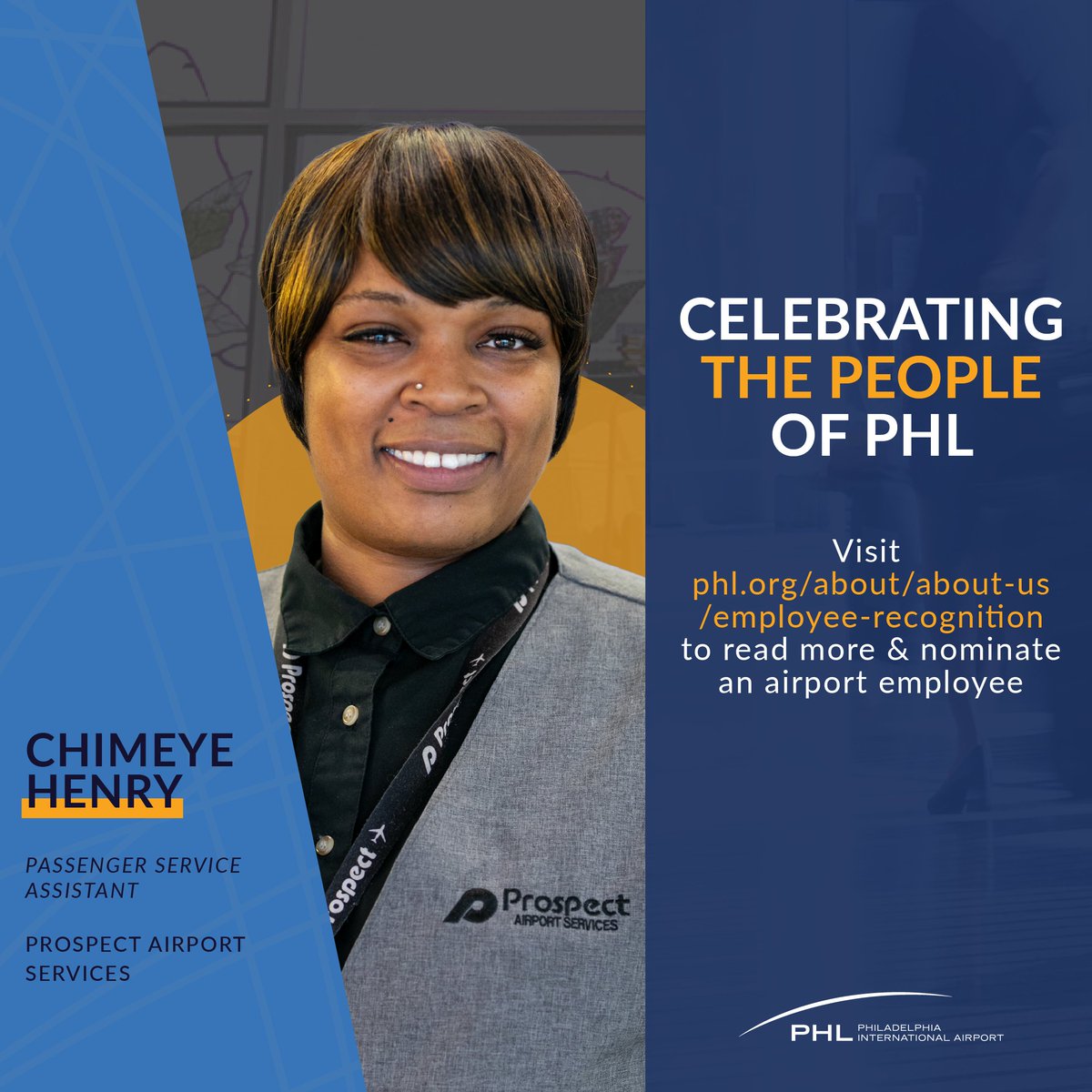 Prospect Passenger Service Assistant Chimeye Henry received #PHLAirport's Caring Support Employee Recognition award. “The most meaningful part of my job is ensuring that I’m providing the best service possible, that I worked to my full potential.” More: phl.org/newsroom/profi…
