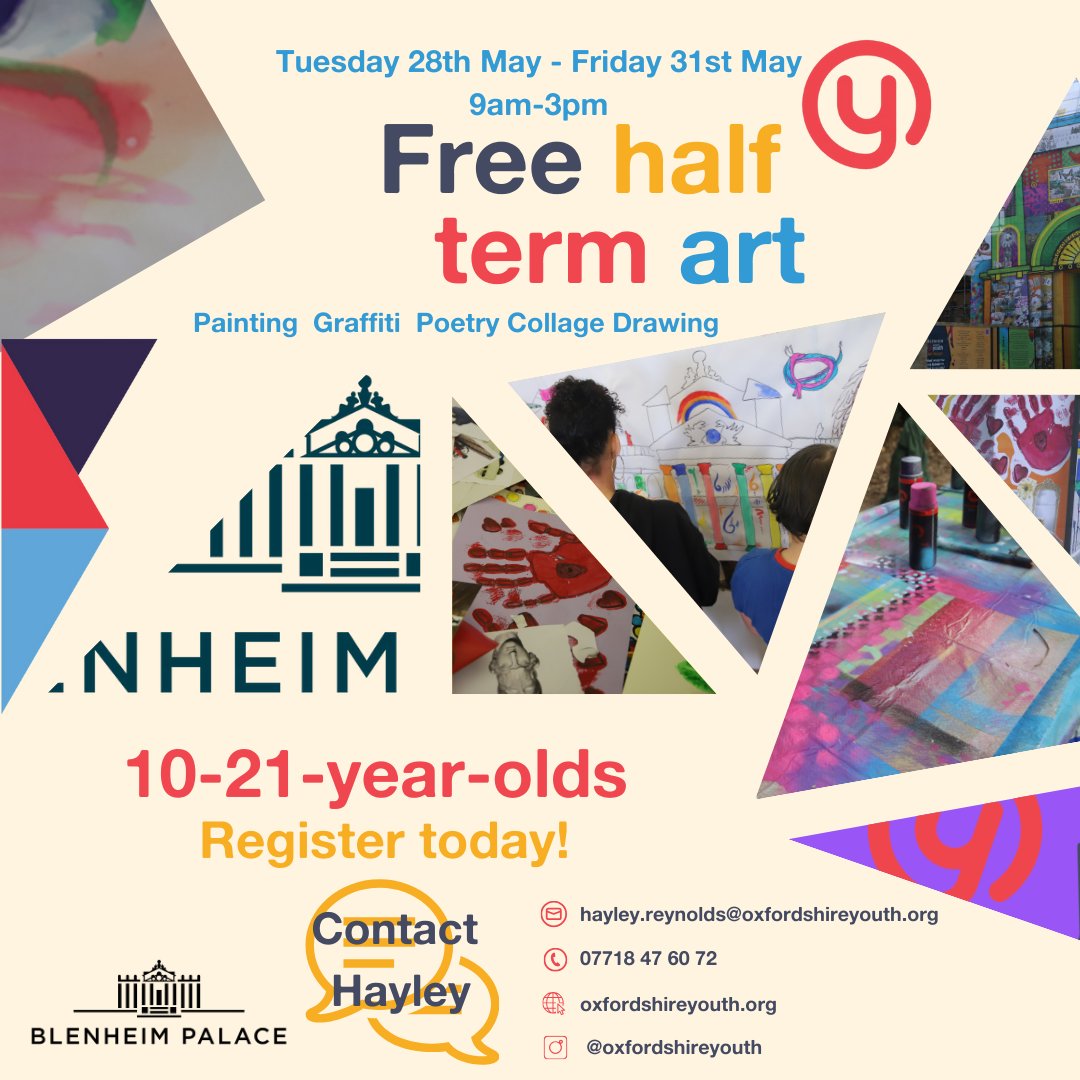 Join artists leading free workshops at Blenheim Palace, in May half term, to explore it as ‘The Emblem of Peace, Past and Present.’ Enrol your child  (Aged 10-21) today for any or all days from 9 am - 3 pm from Tuesday 28th May to Friday 31st. ow.ly/V4Nl50RygsP