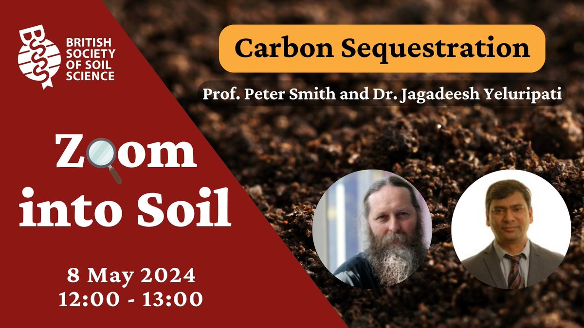 TOMORROW: Zoom into Soil Webinar: Carbon Sequestration 📆 Wednesday 8 May 🕛 12-1pm Join Prof. Pete Smith, from @aberdeenuni, & Dr. Jagadeesh Yeluripati, from @JamesHuttonInst, on our next webinar as they discuss carbon sequestration. REGISTER FOR FREE: ow.ly/YXMf50RglMs