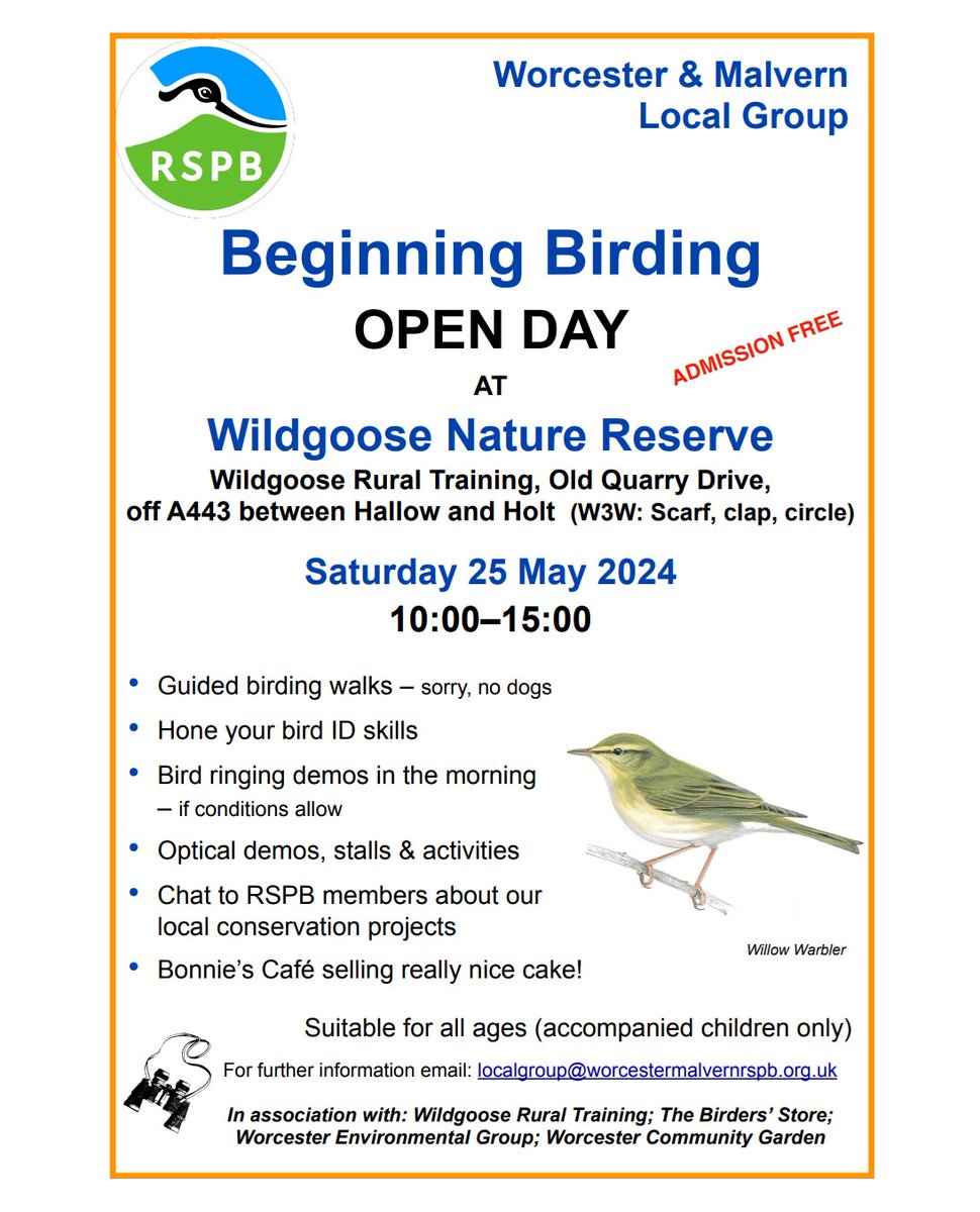 A date for your diary! The local Worcester & Malvern RSPB group are holding their annual 'Beginning Birding' Open Day on Saturday 25th May at @WildgooseRT 👇