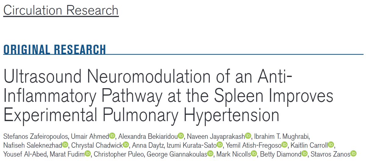 New paper out! Anti-inflammatory spleen ultrasound neuromodulation improves pulmonary hypertension, suggesting new, possibly disease-modifying, therapeutic option in pts with #PAH. Great work by @Cardiaficionado, with help from @UmairAhmedMD1 @hightroponin ahajournals.org/doi/10.1161/CI…