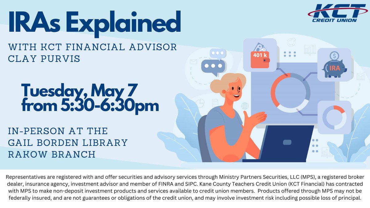 Don’t miss out! Attend today's IRAs Explained seminar from 5:30 – 6:30pm at @gailbrdnlibrary's Rakow Branch to learn all about IRAs! KCT Financial Advisor Clay Purvis will discuss how different IRAs work, the requirements needed to open them, and much more!