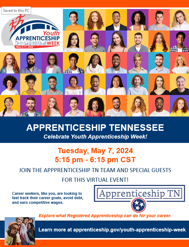 TODAY, May 7, 5:15 pm - 6:15 pm CT. It's Youth Apprenticeship Week! Apprenticeship TN is hosting a virtual roundtable to discuss and answer questions about apprenticeship. Microsoft Teams Link: loom.ly/dMmIKQI Meeting ID: 294 113 893 135 Passcode: GVBn95