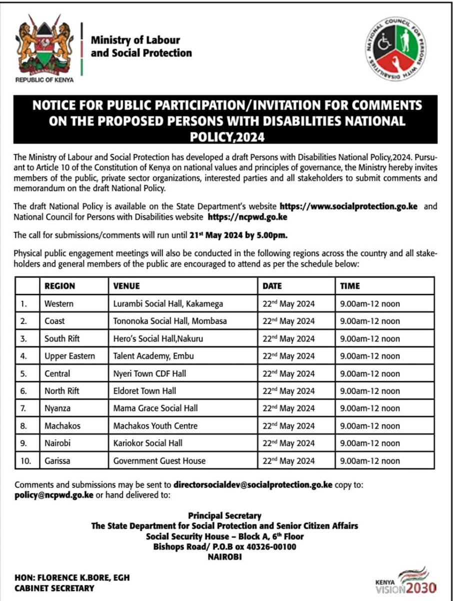 The Ministry of Labour and Social Protection has planned for public participation in the proposed Persons with Disabilities National Policy 2024, persons with disabilities should have access and be able to meaningfully participate in the process, #InclusiveCommunity