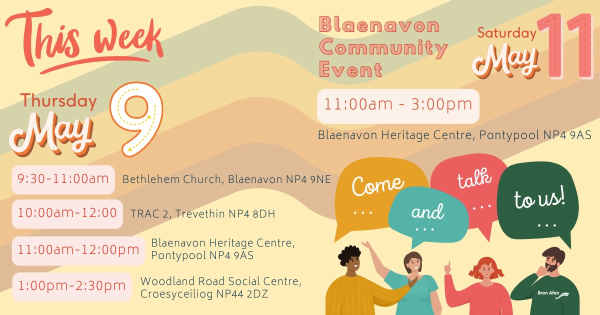 This week we're at 4 locations on Thursday and we'll be attending the fantastic Community Wellbeing Day on Saturday with Blaenavon Town Council! So come and talk to us about anything we can help you and your community with 💬 #Torfaen