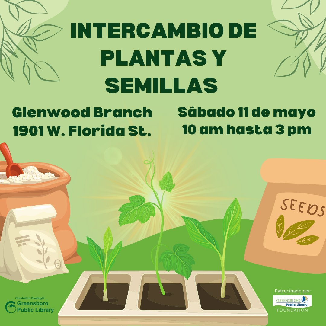 Come meet other plant enthusiasts and take home some new plants for your home or garden! Bring healthy, labeled plants, seeds, or rooted cuttings to share with others. For more information, call the Glenwood Branch Library at 336-297-5000.