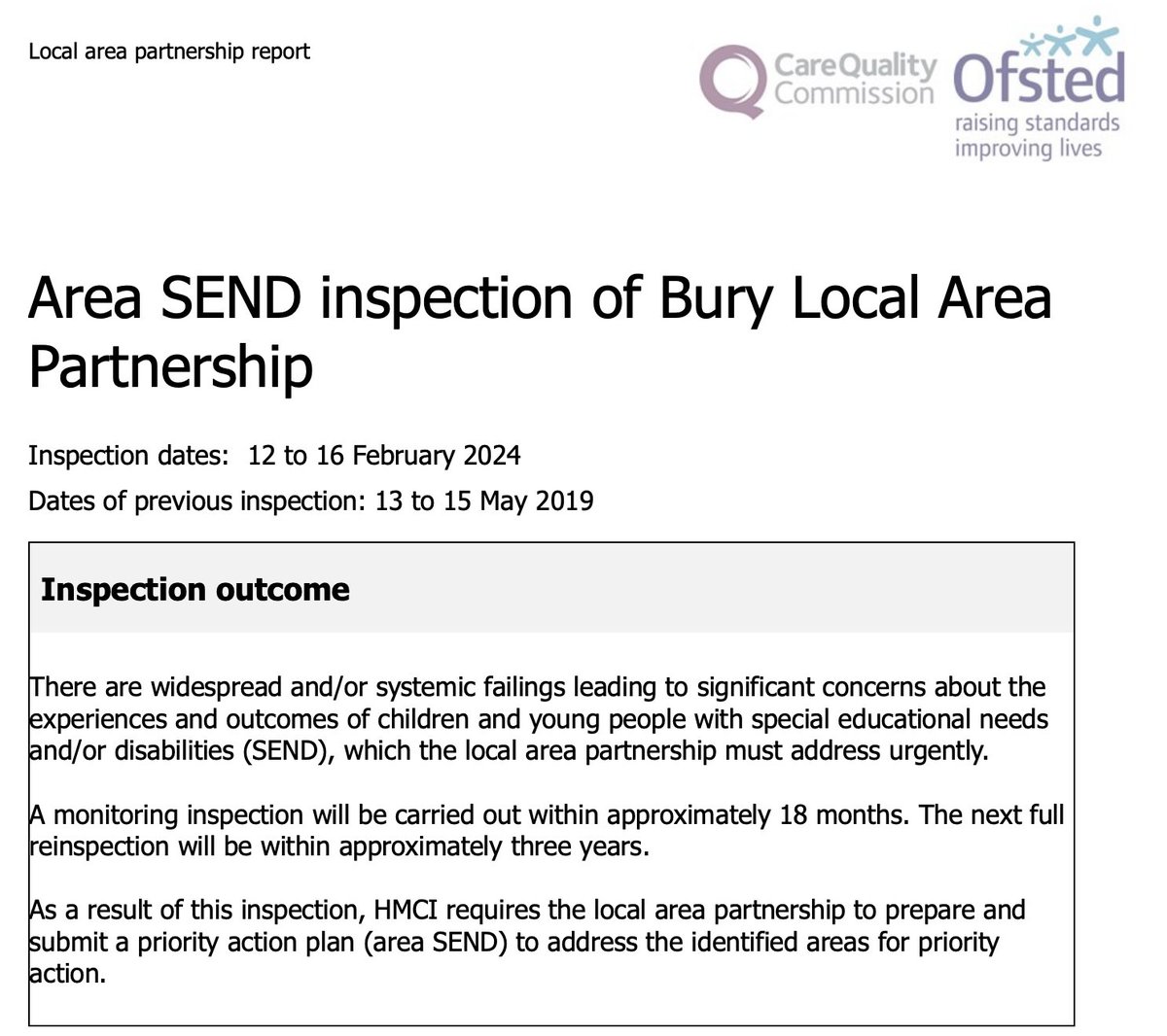 Bury, Manchester, fails its Ofsted/CQC Area SEND Inspection. Poor experiences of children with SEND & families. Despite training, EHCP quality unacceptable, many significantly out-of-date. Poor comms, no voice of the child, poor graduated response: zurl.co/QWvK