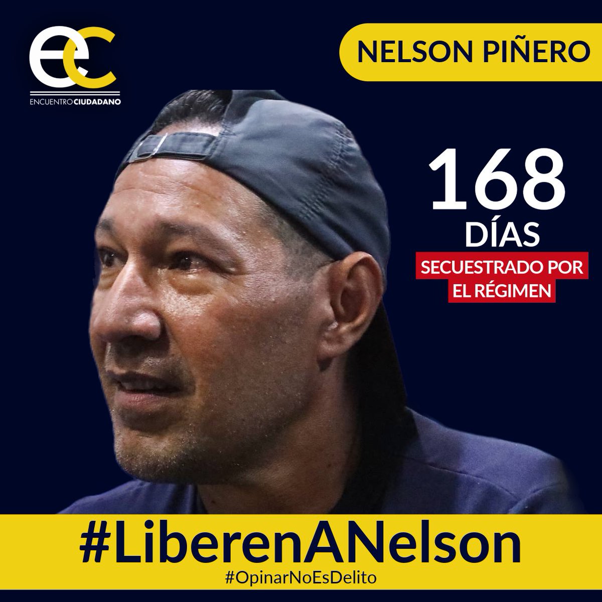 #07May | Nelson Piñero, activista de #EncuentroCiudadano, lleva 168 días secuestrado por el régimen solo por emitir sus opiniones en redes sociales.

#OpinarNoEsDelito y por eso exigimos su liberación inmediata.

#LiberenANelson 
#LiberenALosPresosPolíticos