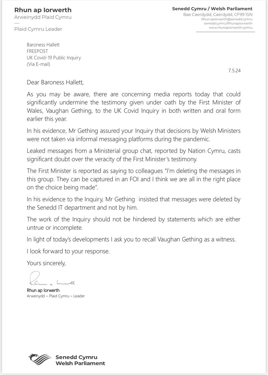 Following today’s reports and evidence that suggests Vaughan Gething misled the Covid Inquiry and the Senedd on deleting messages during the Covid pandemic, I’ve written to Baroness Hallett, Chair of the Covid Inquiry, asking her to recall the now First Minister as a witness.