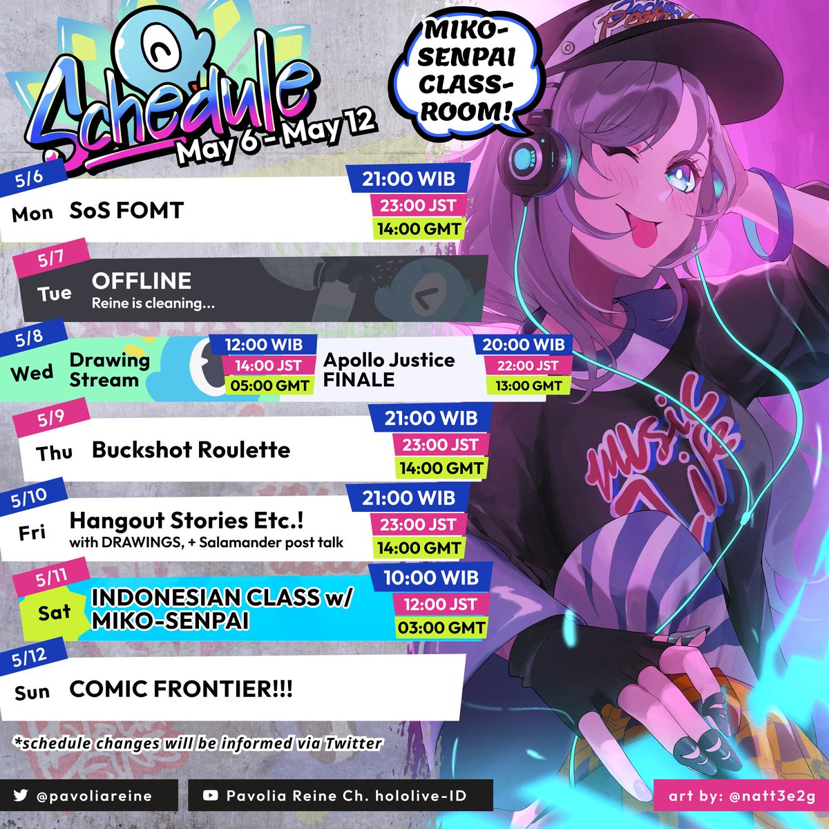 【REINE'S SCHEDULE】 Another BIG schedule, AJ finale, Hangout stories + drawings, ID class w Miko-senpai, and Comic Frontier appearance and M&G!!! YT Channel: youtube.com/channel/UChgTy… Tags General: #Pavolia_Reine Livestream: #Pavolive Fanart: #Reinessance Fan name: #MERAKyats